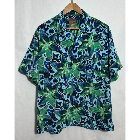 VTG Y2K Pineapple Connections Hawaiian Shirt Mens M Blue Floral Button Up - Picture 2 of 7